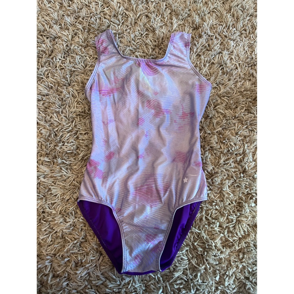 Sylvia P Girls Purple Iridescent Gymnastics Leotard Metallic Open Back CXL